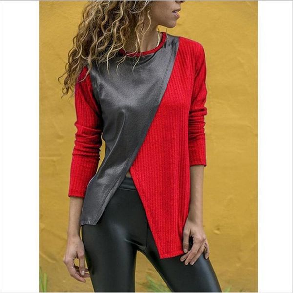 

women t shirt casual autumn long sleeve round neck split contrast stitching casual loose fashion, White
