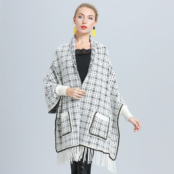 

autumn and winter fashion ladies cloak retro plaid poncho fashion ladies scarf loose tassel knitted cashmere scarf girl winter shawl cardiga, Black