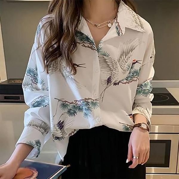 

2021 new casual summer autumn womens blouse crane print single breasted shirt turn down collar long sleeve loose blouse, White