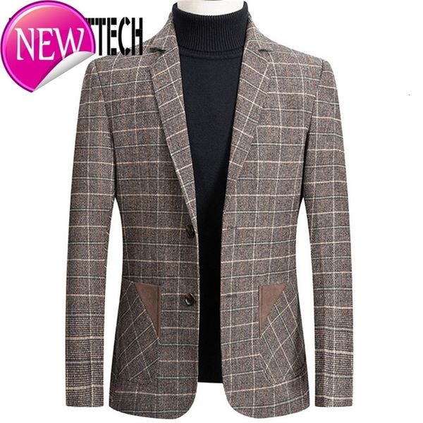 

brand mens blazer jacket men's suit jacket fashion plaid print slim fit warm blazer coat male plus size, Black