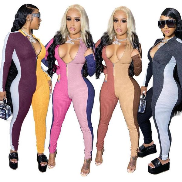 

patchwork jumpsuits spring and autumn sporty fitness zipper casual workout long sleeve bodycon rompers womens stretchy jumpsuit1, Black;white