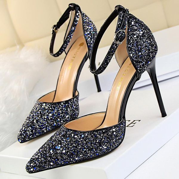 

2021 summer sweet women fashion 9.5cm stripper high heels wedding sandals bling shallow sequin sandals trend fairy female shoes, Black