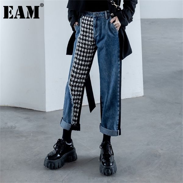 

[eam] blue balck plaid denim long wide leg jeans new high waist loose women trousers fashion tide spring autumn 2021 1db859 201223