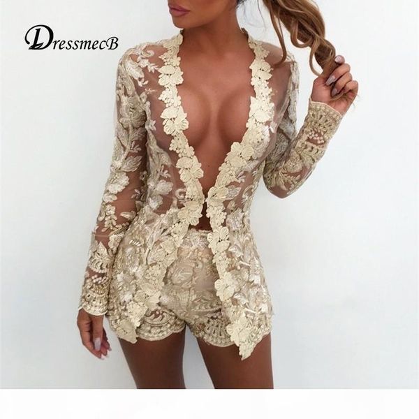 

dressmecb new 2 piece set women elegant transparent mesh floral lace women 2 piece set and pants crop with shorts j190426, White