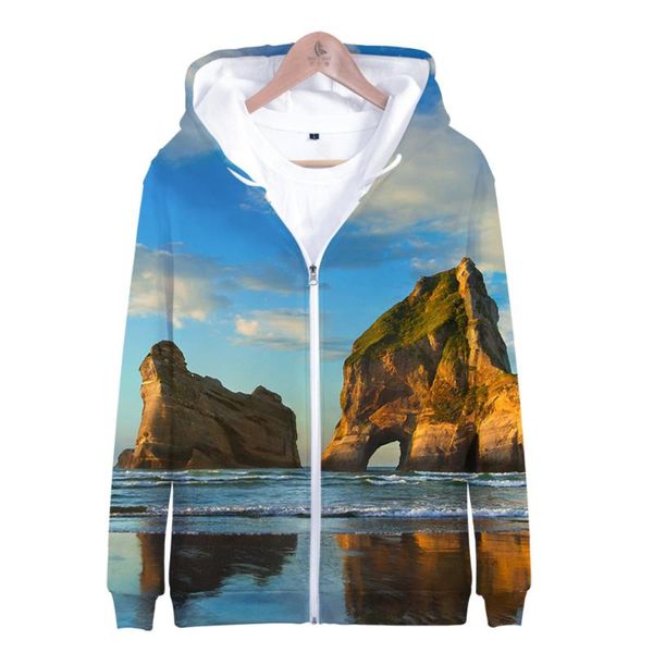 

beach mountain hoodies sweatshirt men women hooded beautiful seaside view 3d zipper hoodie coconut tree boys girls tracksuits, Black