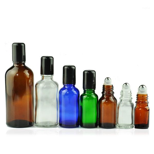

roll on bottle glass essential oil bottle refillable cosmetic container stainless bead black plastic cap 4 colors essence vial1