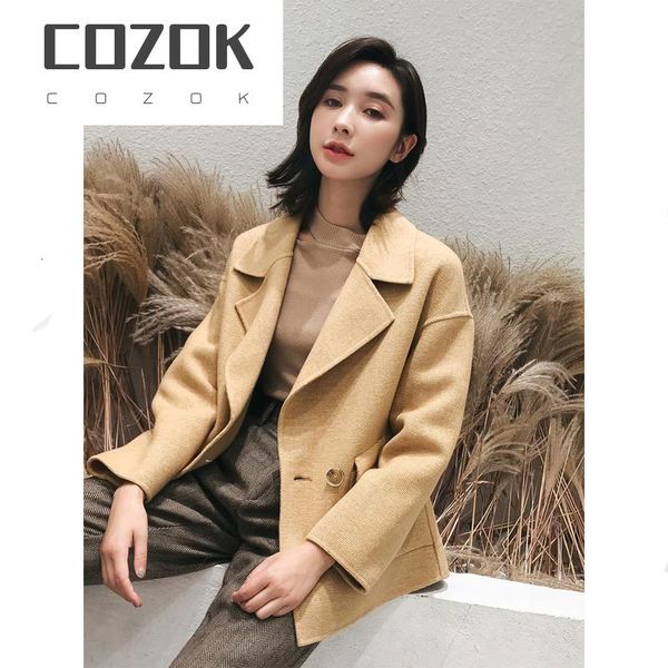 

cozokwool coat 100% female blazer autumn winter jacket women double side woolen coats korean short jackets chaqueta mujer my, Black