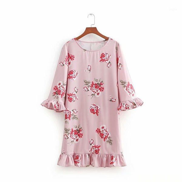 

europe and america women's dress 2019 spring summer new style crew neck printed flounced dress1, White;black