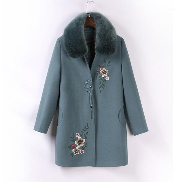 

middle-aged women's woolen coat new autumn winter jacket fashion embroidery mid-long outerwear plus size 5xl female wool jacket1, Black