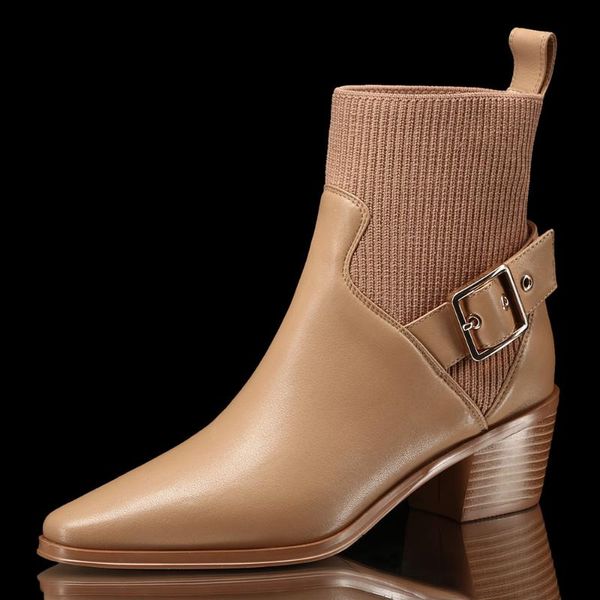 

женская натуральная кожа стяните вязание лоскутное скольжение на осенью осенние ботильонные ботинки толстые мед кошки заостренные носки мета, Black