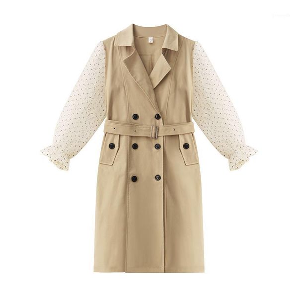 

suit dress 2020 spring autumn gauze joint elegant puff sleeve women's trench coat1, Tan;black