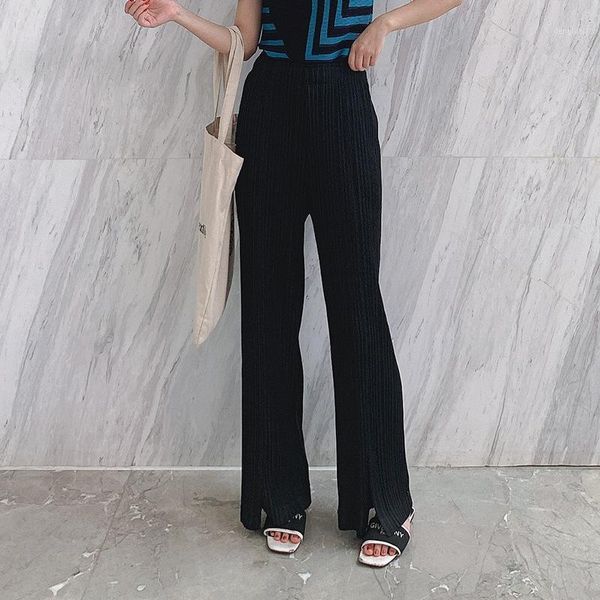 

plus size pants for women 45-75kg 2020 new elastic loose miyake pleated front split high waist casual straight pants full length1, Black;white