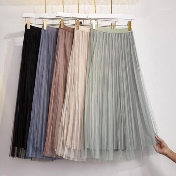 

wear on both sides women tulle skirts 2020 new korean solid color gold velvet mesh long skirt high waist a-line pleated skirt1, Black