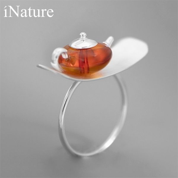 

inature 925 sterling silver natural amber teapot open ring for women jewelry 201218