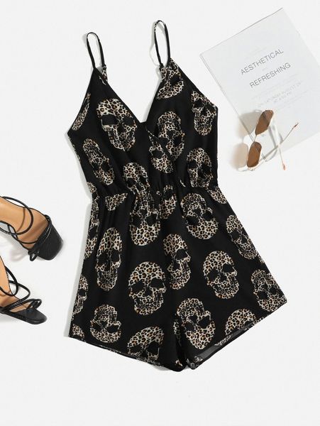 

leopard skeleton print cami romper 57of#, White