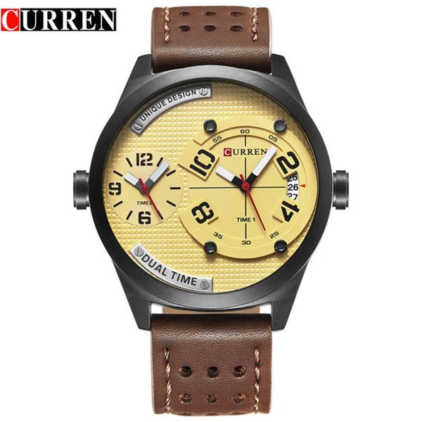 

wristwatches curren watches men 2 time fashion casual quartz watch leather strap sports wristwatch man relogio masculino, Slivery;brown