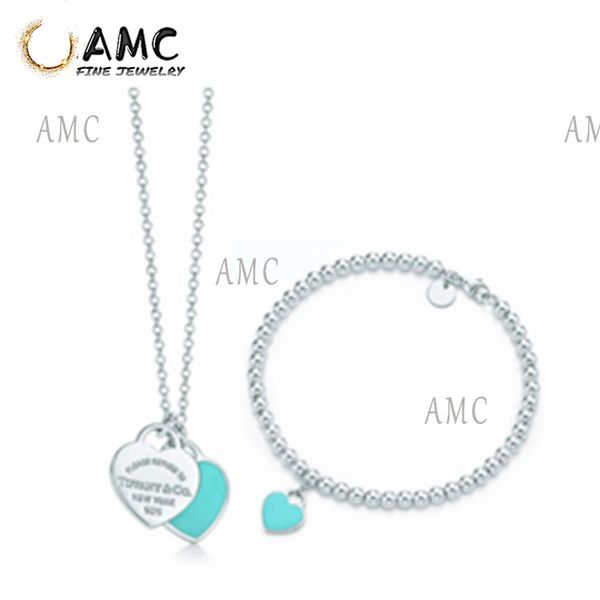 

double blue heart necklace classic luxury 925 sterling silver original love multicolor optional ladies gift jewelry combination set