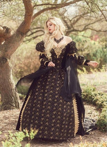 Vestidos de casamento gótico preto e ouro vestidos de dormir fantasia medieval plus tamanho fora do ombro manga comprida rendas chiffon espartilho vestidos de noiva