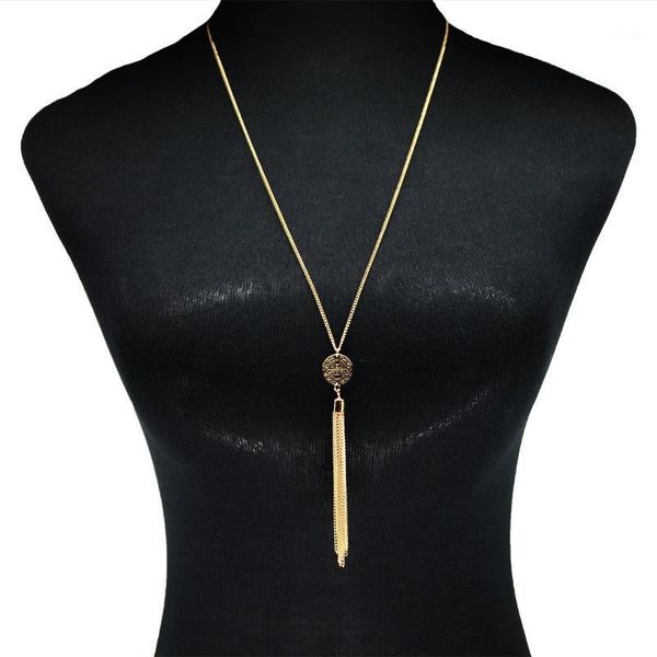 

vintage hollow geometric tassel pendant necklace women long chain clavicle statement necklace jewelry1, Silver