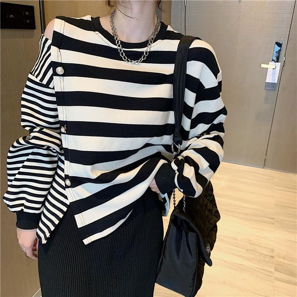 

women's blouses & shirts spring autumn long sleeve sweatshirt women fashion causal stripe off shoulder loose pullover ladies o-neck str, White
