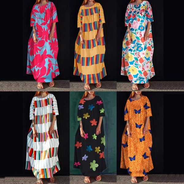 

2020 autumn bohemian printed dress long maxi dresses women vintage vestidos robe pleated femme half sleeve dress ropa mujer, Black;gray