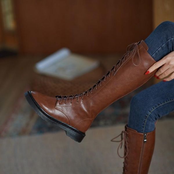 

boots 2021 women brown riding cross tied long knee high botas platform lady motorcycle botines black rubber cowboy bottes