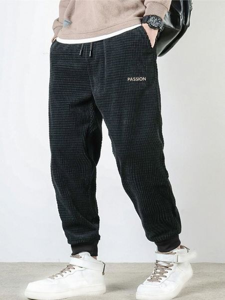

men letter embroidery drawstring waist corduroy joggers i6d3#, Black