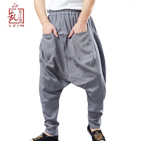 

lzjn 2019 men harem pants linen trousers elastic waist pockets casual loose drop crotch joggers men streetwear hip-hop pants1, Black