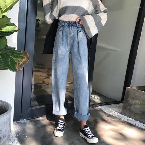 

loose vintage woman jeans spring autumn bleached casual boyfriend curl denim wide leg pants oversize high waist jean j3651, Blue