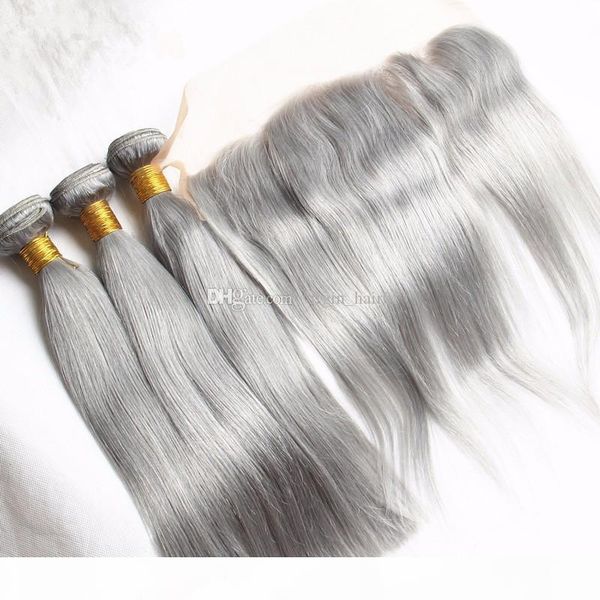 

silver grey brazilian hair weave with 13x4 lace frontal closure 4pcs lot pure gray silk straight virgin human hair bundles with full frontal, Black;brown