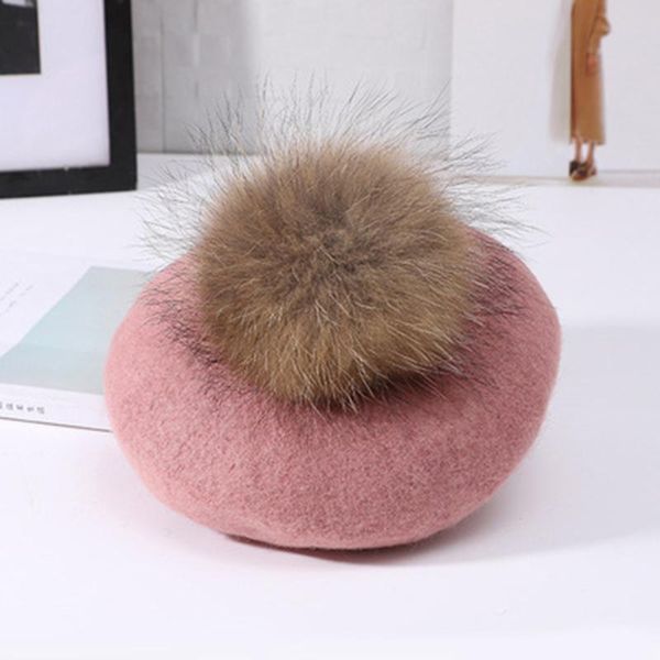 

shade visrover new 100% wool winter beret solid fur pompom autumn hat winter cap spring punk beret hat real fur beret wholesale, Black;white