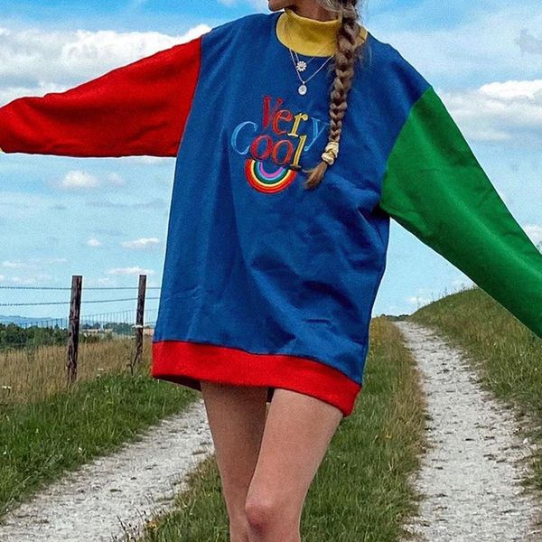 

rainbow letter printing oversize women's hoodies color shreds long sleeve pullove streetwear autumn sweatshirt xj4p, Black