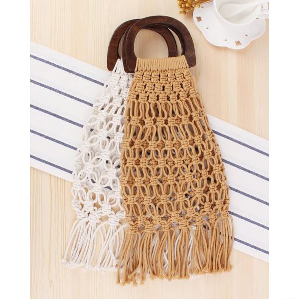 

cotton rope knitting braided fishnet bag women wooden handle hollow out beach bags summer holiday causal basket tote dropshippin