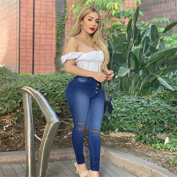 

women's jeans cotton high waist hole casual women solid color button bottom stretch skinny streetwear lady denim pencil pants, Blue