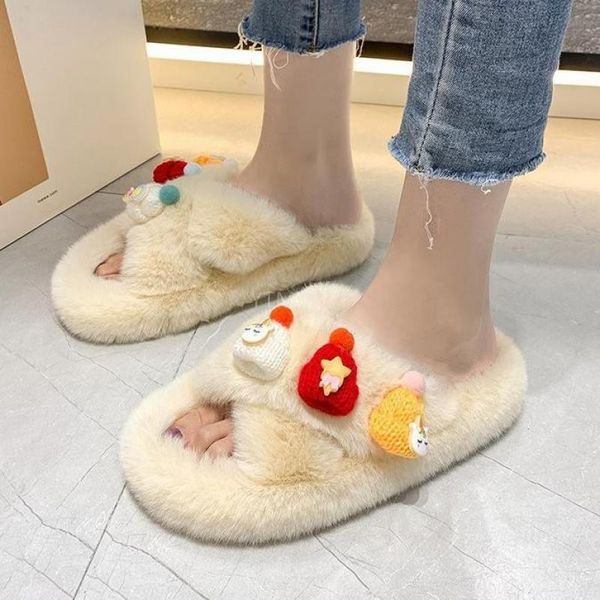 

faux fur home slippers fluffy women shoes slides comfort furry flat sandals female cute indoor 2021 zapatillas mujer casa, Black
