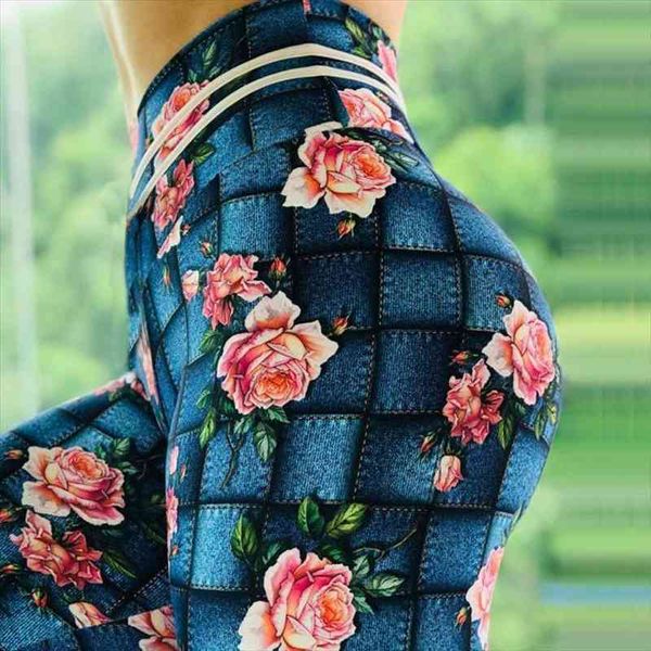 

denim square rose digital print legging slim high waist fitness women pants women skinny leggings explosions, Black