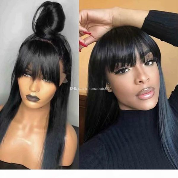 

glueless silk straight human hair wigs with full bangs for black woman 5*4.5 silk base full lace wigs with baby hair, Black;brown