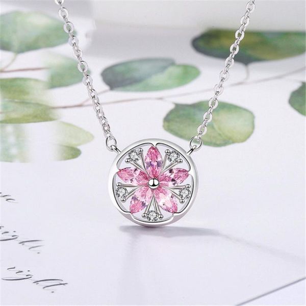 

trendy tibetan sliver pink cubic zircon stones flower tennis pendant necklace chain long necklace women ladies k1164, Silver