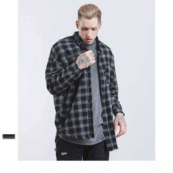 

snap & strap autumn & winter extended curved hem oversized long sleeve casual cotton shirt hiphop streetwear men's plaid check flannel, White;black