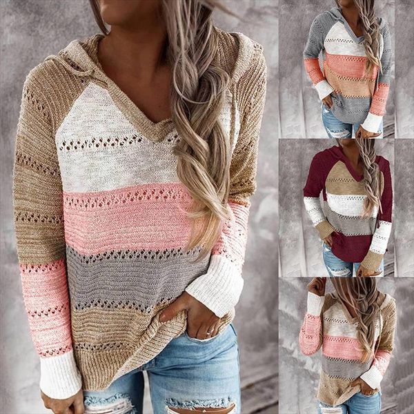 

fashion autumn hooded sweaters women striped patchwork sweaters hollow out loose pullover ladies casual plus size knit jumpers, White;black