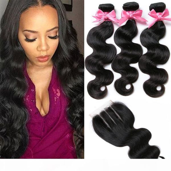 

brazilian human hair 3 bundles with lace closure unprocessed brazilian body wave remy human hair weave deals with closure, Black