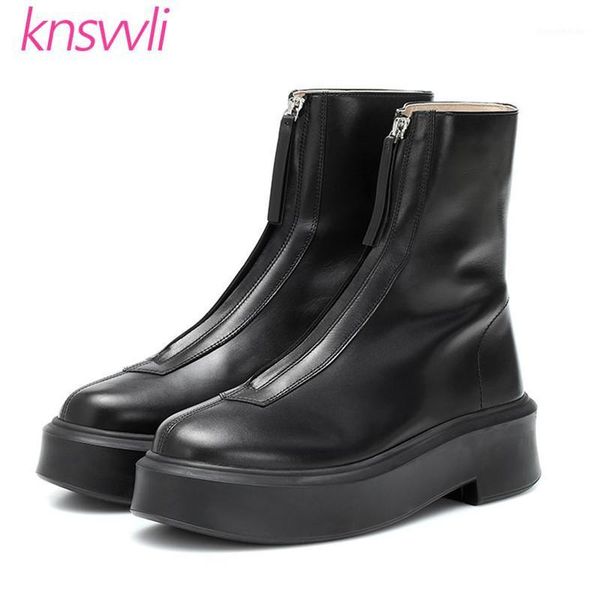 

boots thick sole ankle women front zip leather platform shoes woman casual short monolith high heel motorcycle woman1, Black