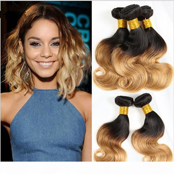 

1b 27 honey blonde ombre virgin hair body wave weave 3 bundle deals lot two tone coloed ombre wavy remy human hair extensions, Black