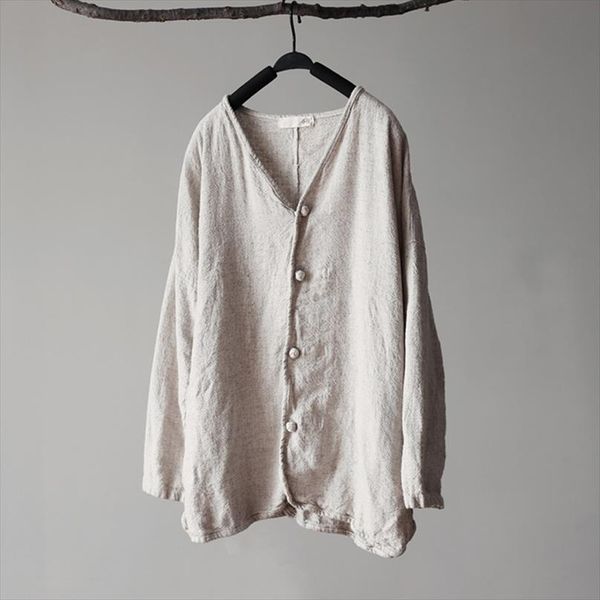 

johnature women shirts cotton linen 2020 autumn new long sleeve v neck button vintage casual blouses women, White