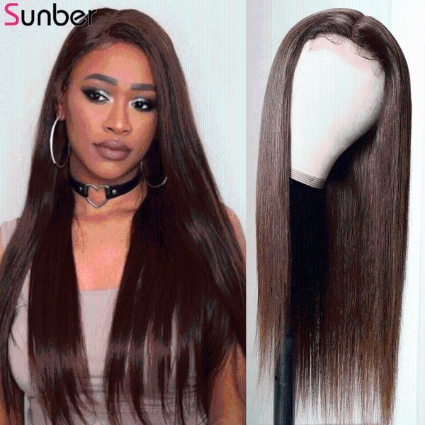 

sunber dark brown straight lace part human hair wig 150% density 14-24 inchremy long omber pre-plucked straight brazilian wigs, Black;brown