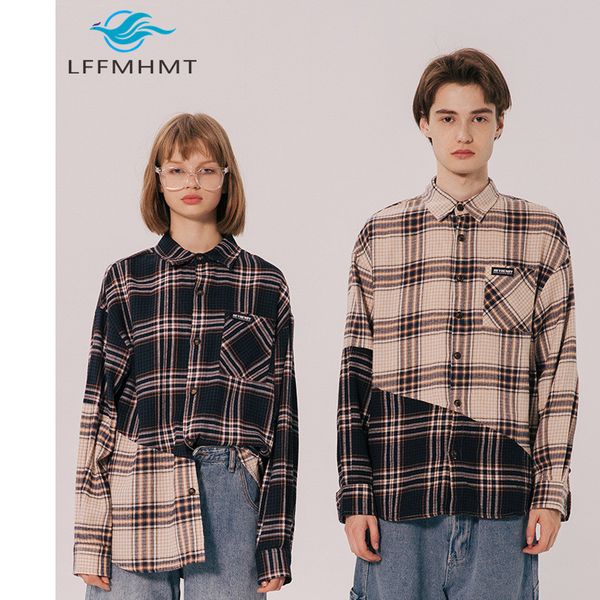 

lattice stitching loose lovers autumn long sleeve shirt men youth color contrast splicing harajuku 2020 new korean version trend c1211, White;black