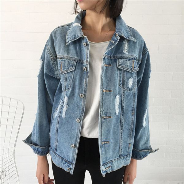 

e-baihui 2020 spring and autumn new korean bf style women's clothing all-match casual loose jacket wash water hole denim jacket mwout16, Black;brown