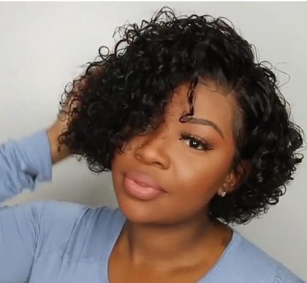 

боб парик кружева фронт человеческих волос парики с детскими волосами бразильские реми волосы короткие кудрявые боб парики для глубокой волн, Black