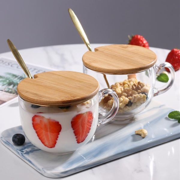 

tempered glass breakfast cup large capacity 450ml household glass children's oatmeal cup milk coffee cups send lid and spoon wmtjxg