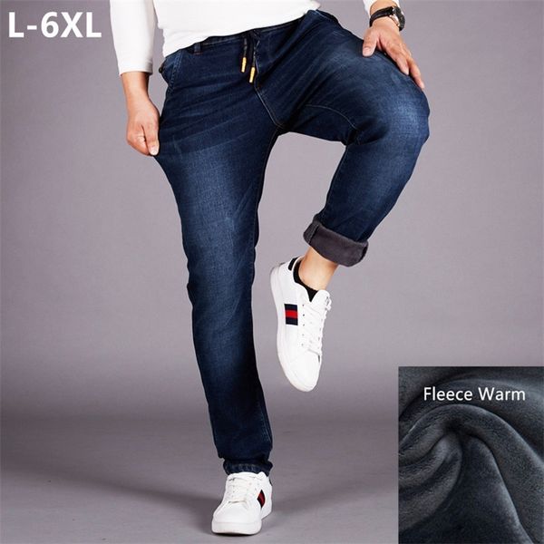 

men winter jeans stretch island fleece warm pants plus size 4xl 5xl 6xl denim elastic slim fit male velvet man blue trousers 201111
